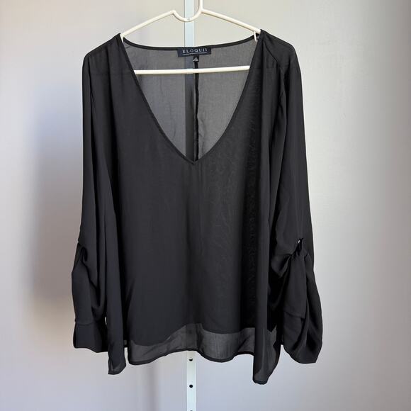 ELOQUII sz‎ 24 black roll tab sleeve blouse - Picture 1 of 9